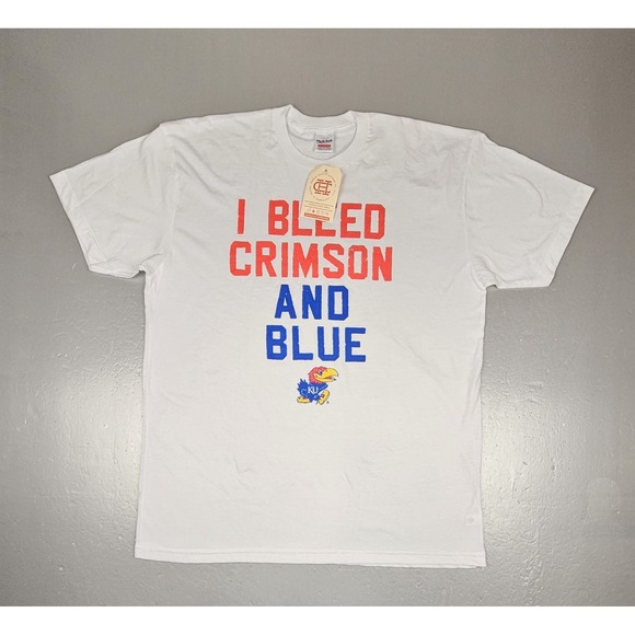 Charlie Hustle Kansas Jayhawks T-Shirt Mens XL. I Bleed Crimson & Blue White NWT - Picture 1 of 6